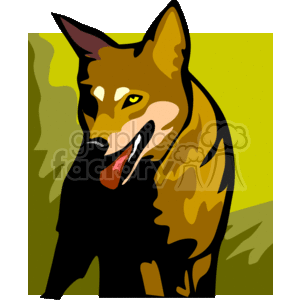 The image is a stylized clipart of a dingo. It features the head of a dingo with prominent sharp ears, bright eyes, and an open mouth with a visible tongue. The dingo has a rich brown coat with darker patches and lighter accents. The background is abstract with green and yellow colors.
