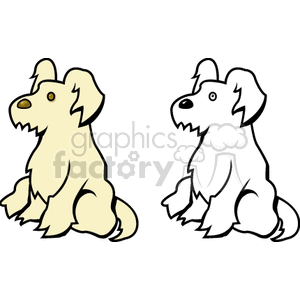 The clipart image shows two cartoon puppies that resemble a Scottish Terrier breed, also known as a Scotty dog. They are depicted sitting, with one puppy showing a side profile and the other with its body facing slightly more towards the viewer. Both puppies have floppy ears, small eyes, and their tails are not visible. They have a light beige and white color scheme.