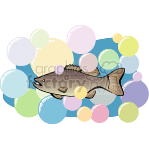 This clipart image features a cartoon fish with a gentle gradient from light to dark coloration, swimming in front of a background of colorful bubbles in various sizes. The bubbles appear in shades of blue, yellow, green, and purple, creating a playful and cheerful aquatic environment.