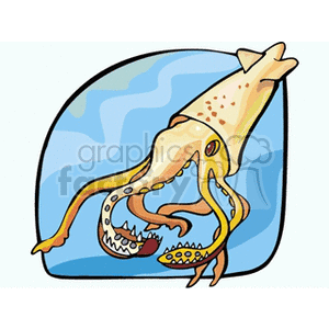The clipart image depicts a cartoon representation of a squid with an emphasis on its tentacles and large head. The surroundings suggest an underwater environment indicated by the blue wavy background resembling water.
