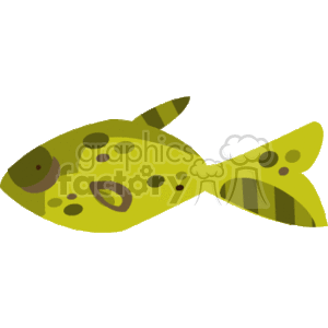 The image is a clipart of a stylized green fish with spots. It features characteristics like a fin, tail, eyes, and patterns on the body that are typically associated with fish in a simplified and graphical form.