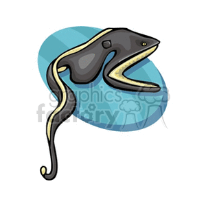 The image depicts a stylized illustration of an eel with a black and grey body and a distinctive yellow and white underside. The eel's mouth is open, showcasing its interior and teeth, and it is set against a light blue background that might suggest an aquatic environment.