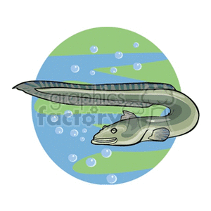 The clipart image depicts an eel swimming underwater, surrounded by bubbles. It is shown within a circular frame that is partially blue, representing water.