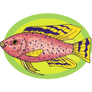 The clipart image depicts a stylized, colorful tropical fish with patterns and spots. The fish has shades of yellow, purple, and pink with noticeable fins and a circular green background that suggests a watery habitat.