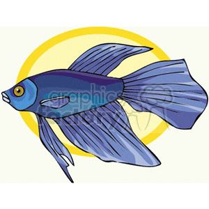 The image is a clipart illustration of a colorful tropical fish. The fish has a prominent blue body with shades of purple, and long flowing fins and tail. It is set against a pale yellow and white background that resembles the sun or perhaps a stylized water bubble.