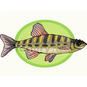 The image is a colorful clipart illustration of a fish. The fish has a pattern of stripes and spots in shades of yellow, black, and pink on its body, with fins presented in various hues of pink. It is set against a green concentric circle background, creating a simple and clean design.