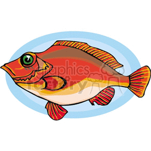 The clipart image depicts a colorful tropical fish with a prominent eye, exaggerated features, and bright colors including red, orange, and yellow with touches of white. The fish is presented against a simple blue and white oval background.