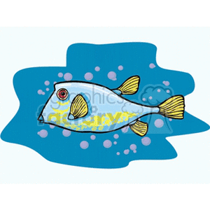 The image features a stylized illustration of a tropical fish. The fish has a light blue body with yellow accents, including yellow fins and tail. There are bubbles around the fish, indicating it is underwater. The fish appears to be in motion against a blue water backdrop.