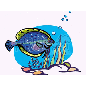 The clipart image contains a colorful tropical fish with spots and stripes, swimming near the ocean floor with some aquatic plants, rocks, and bubbles in the background.