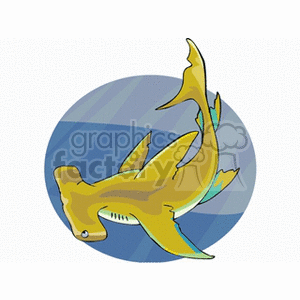 The clipart image features a stylized illustration of a hammerhead shark. The shark is colored in shades of yellow and has a distinctive hammer-shaped head, which is a characteristic feature of hammerhead sharks. The background suggests a watery environment with different shades of blue, representing the ocean.