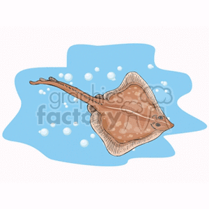 This clipart image depicts a single stingray swimming in the water, surrounded by small bubbles to signify its underwater environment. The stingray is illustrated with a flat body and a long tail, typical of its species.