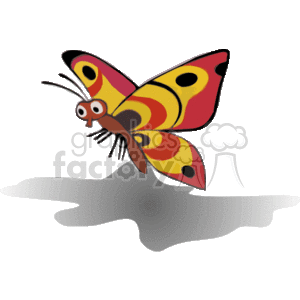 This is a clipart image of a stylized butterfly. The butterfly has large wings with a pattern that includes yellow and red colors with black outlines and some black spots. It has a cartoonish appearance, with big eyes and a smiling face, which humanizes its features. The butterfly also casts a grey shadow beneath it on a white surface, indicating that it is flying or hovering above the ground.