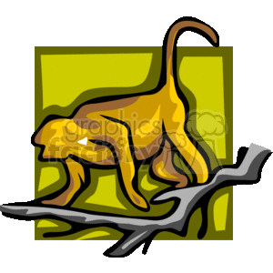 The clipart image shows a stylized illustration of a monkey. The background is an abstract green and yellow design, while the monkey itself is depicted in a golden brown color with darker outlines. The monkey is positioned on all fours on what looks like a gray branch. The stylized nature of the image gives it a bold and graphic appearance, suitable for various kinds of visual design work.
