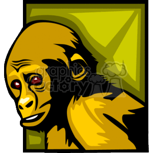 This is a stylized clipart image of a cartoon monkey. The monkey has large red eyes and is depicted in a simplified form with bold outlines and distinct color blocks of brown, yellow, and black. The background features a triangular section in a lighter shade of green, creating a contrast with the monkey's face.