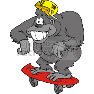 The clipart image features a cartoon gorilla skateboarding. The gorilla has a large, exaggerated grin and is wearing a yellow baseball cap turned backwards. It is standing on a red skateboard with wheels depicted in motion.
