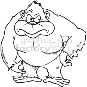 The image is a black and white clipart of a cartoon gorilla. The gorilla appears to be standing upright, with a substantial build, and muscular arms. Its facial expression is grumpy or angry, featuring a prominent frown, furrowed brows, and eyes that look discontented or irritated. The gorilla has a large, rounded torso, and its feet are flat on the ground. Overall, it's a stylized representation of an angry or mad gorilla.