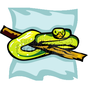 The image is a colorful clipart depicting a green and yellow snake coiled around a brown branch.  The background appears to be a stylized depiction of the sky with shades of light blue and white, giving the impression that the snake might be high up in a tree. The clipart uses bold outlines and flat colors typical of this style of graphic.