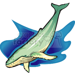 The clipart image features a stylized depiction of a single whale. The whale is characterized by a greenish hue with a hint of gradient, giving it a sense of depth. Its belly is in a lighter tone, possibly indicating a light source. The whale's posture is dynamic, with the tail fin elevated, suggesting motion. The background consists of abstract blue shapes that emulate the ocean waves or water movement, reinforcing the theme of an aquatic environment.