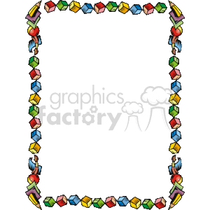 This is a clipart image of a decorative border designed with art supplies. The border elements include colorful pencils arranged in a pattern with squares, and paintbrushes are also part of the design. The pencils and paintbrushes appear to be alternating with each other to create a continuous frame around the perimeter of the border, with the square elements providing a connection point between each pencil and paintbrush. The overall appearance suggests a theme related to art, creativity, or education, and it would likely be used to frame or embellish a document, flyer, or announcement related to those topics.