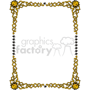 The image appears to be a decorative clipart featuring a border design. Here are the key elements in the design:
1. The overall frame is rectangular with intricate borders.
2. The borders are adorned with a Celtic or knot-like interlaced pattern in a gold or yellow color.
3. In each corner and in the middle of the sides, there is an icon of a stylized sun with a face, also in a gold or yellow color.
