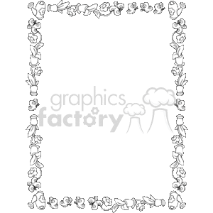 The image features a decorative border with a gardening theme. The border design includes various gardening elements such as flowers, butterflies, and gardening tools. The flowers and butterflies are interspersed with leaves, giving the appearance of a lush garden scene. The border could be used to frame text or images, particularly in a document or presentation related to gardening, nature, or springtime themes. The image is in black and white, making it versatile for different uses and allowing it to be colored if desired.