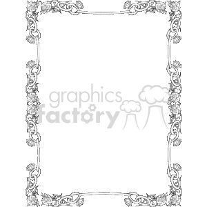 This is a black and white clipart image featuring an ornate decorative border. The border has a design that includes stylized roses and what appear to be diamond shapes, creating a pattern that resembles a vine or chain of flowers. These recurring elements are interconnected, encircling the frame and creating an elegant, romantic motif. The center of the image is blank, which could be used to frame or accentuate any content placed within, making it suitable for things like invitations, certificates, or other decorative documents.