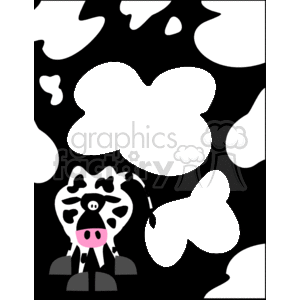 This is a black and white clipart image depicting a decorative border or frame with a cow theme. The image shows a stylized cow at the bottom center with spots that match the pattern used throughout the border. The frame is filled with cow print spots and has blank shapes that could be used to insert text or other images.