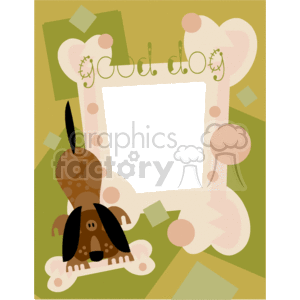 This is a whimsical and colorful clipart image featuring a theme centered around dogs and bones. It consists of:
1. A decorative frame or border: It is embellished with bone shapes, paw prints, and possibly leash or collar elements, creating a playful boundary with a central rectangular black space which may be intended for text or additional graphics.
2. A cartoon-style dog: Seated at the bottom left corner, it has brown spots and a content expression, adding a cheerful touch to the composition.
3. A background: Comprised of various geometric shapes in shades of green, tan, and brown, which gives a playful and lighthearted backdrop to the frame.
The overall vibe of the image is pet-friendly and could be suitable for use in a variety of pet-related contexts, such as a flyer for a dog event, a pet-sitting service, or a greeting card for dog lovers.