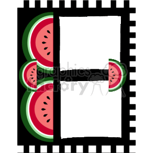 The image is a clipart graphic that features a decorative border made up of watermelon slices against a checkered black and white edge. The central area of the image where one might place text or another graphic is left blank, delineated by a dashed line that suggests it could be a placeholder for customization. The watermelon slices are depicted with green rinds, red flesh, and black seeds, indicating a stylized and colorful representation commonly associated with summer or fruit-themed designs.