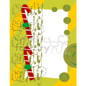 The clipart image is of a decorative frame or border with a Christmas or holiday theme. Here are the elements visible in the image:
1. Candy Canes: There are at least two red and white striped candy canes, which are a traditional Christmas sweet.
2. Green Swirls: There are green swirls or curls, giving the impression of festive decorations or possibly stylized representations of Christmas tree branches.
3. The words candy are repeated in a patterned background, reinforcing the candy cane theme.
4. A large, dark blank space in the center of the image suggests an area where text or another image might be placed, indicating that this frame could be used in a card or invitation design.
The overall color scheme of red, green, and yellow along with the candy canes suggests that this frame is meant for use in Christmas or holiday-themed designs.