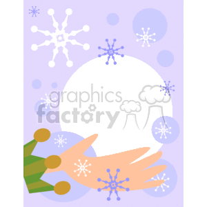 This is a simple and stylized clipart image. The border or frame of the image consists of various white and light blue snowflakes and dots scattered across a purple background, evoking a winter or Christmas theme. In the center of the image, there's a large, empty space, left blank for inserting text or other images. Additionally, there's a stylized representation of hands with a green and brown sleeve with bells on, which gives the impression of it being a Christmas Elf