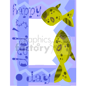 This is a colorful clipart image designed as a frame or border. It features the words Happy Father's Day arranged in a playful, staggered fashion around the central black rectangle, which could serve to frame a photo or text. Two stylized fish are depicted on either side of the frame, suggesting a fishing theme which is a common hobby associated with dads and Father's Day. The overall color scheme includes shades of purple and yellow, giving the image a cheerful and festive appearance.
