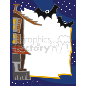 The image is a Halloween-themed clipart border or frame. It features a stylized haunted house on the left side and a full moon on the right, creating the impression of a spooky night scene. Flying in the night sky are two cartoonish bats with white eyes. The center of the image provides a blank, white space where text or other images could be inserted, framed by these Halloween elements to enhance the festive, eerie atmosphere. The background is a dark blue, dotted with small white specks that resemble distant stars. The overall design suggests this frame could be used for Halloween party invitations, holiday decorations, or themed stationery.