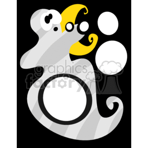 The clipart image features a stylized ghost with a playful, cartoon-like design. It has large, circular white eyes with small black pupils, giving it a surprised expression. The ghost has a swooping tail and an overall white and gray color scheme with soft shadows to suggest dimensionality. Additionally, there is a crescent moon in the background that partially overlaps with the ghost, carrying a friendly, welcoming vibe typical of Halloween decorations. The moon is yellow with some decorative swirls. The ghost appears to be in a pose that might be interpreted as floating or gliding, which adds to the whimsical Halloween theme.