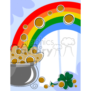 The clipart image shows a festive St. Patrick's Day themed border or frame. It features a colorful rainbow on the top left with what appear to be gold coins circling around its colors. On the bottom left, there's a pot overflowing with gold coins, often associated with the pot of gold at the end of the rainbow according to Irish legends. Near the bottom right corner, there's a clover or shamrock, which is a symbol commonly linked to Ireland and St. Patrick's Day. The background has soft blue and white, suggesting clouds or sky, which provides a space where text or other content could be added inside the frame.