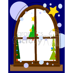 The clipart image features an arched window with a wooden frame set against a dark blue, presumably night sky. Through the window, you can see three stylized Christmas trees, each adorned with colorful decorations and topped with a yellow star. The sky around the window is dotted with white snowflakes or snowballs of various sizes, and there's a large yellow star in the top right outside the window, suggesting a starry winter night. The scene creates a festive and cozy atmosphere that is often associated with the winter holiday season.