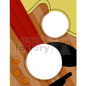 This is a stylized clipart image featuring elements of acoustic guitars. You can see the shapes resembling parts of the guitar body, such as the sound holes, and there are lines that suggest strings. The image uses bold colors and simple shapes, giving it a modern and abstract feel. The image does not represent any specific brand or type of guitar but rather uses guitar-like elements to create an artistic composition likely meant to symbolize music or guitars in a general sense. The use of the term Borders Music could suggest that this clipart might be used as a decorative border or frame with a musical theme.