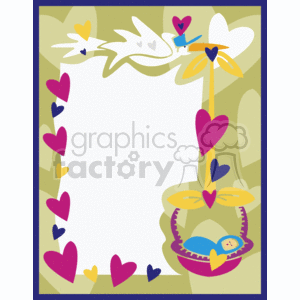 This is a colorful clipart image featuring a whimsical design intended to serve as a frame or border. At the bottom right, there's an illustration of a baby swaddled in blankets and peacefully sleeping inside a hanging scale or basket. Above on the right side, a stork is depicted flying, which is a traditional symbol associated with delivering babies. Along the left side and bottom of the frame, there are hearts of various sizes and colors, giving the image a loving and joyful theme. The rest of the clipart has abstract floral designs and shapes in the background, creating a playful and cheerful border. The middle of the image provides a blank space where text or additional imagery could be inserted.