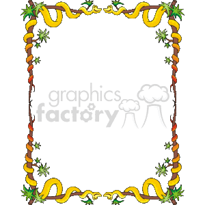The image appears to be a decorative border or frame with a jungle theme. It features snakes on all sides, creating the border with their bodies. The snakes are intertwined with foliage such as leaves and possibly flowers or fruit, giving it a dense jungle feeling. The background within the border is blank, which suggests that the center could be filled with text or another image. The serpentine outlines along with the jungle elements create a playful and adventurous aesthetic, which could be suitable for themed events, invitations, or presentations about travel, wildlife, or tropical environments.