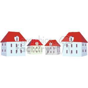 The image is a clipart featuring a row of stylized houses. These structures represent residential buildings, potentially single-family homes. They have a similar architectural style, with red roofs and white exteriors, possibly indicating a suburban neighborhood or a planned housing development. The image could be associated with real estate, housing markets, or community layouts, and it symbolizes the concept of home or dwellings within a neighborhood context.