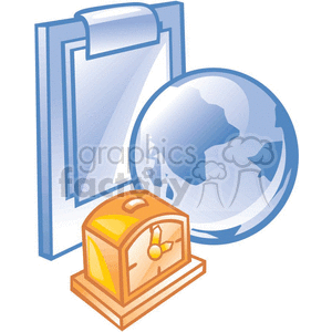 The clipart image features a collection of objects commonly associated with business and work. There are three main elements:
1. A clipboard with several sheets of paper attached, suggesting the organization of documents or note-taking.
2. A simplified representation of the Earth, implying global business, international connections, or the concept of 'worldwide.'
3. An alarm clock, indicating time management, deadlines, or the importance of punctuality in business settings.
These symbols combined might be used to represent international business, the importance of time and deadlines in work, or the organization required in a corporate environment.