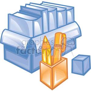 The clipart image features office or school supplies. It includes a stack of blue folders or books. There is also a holder with two writing instruments that resemble pencils or pens, implying work or education-related activities. Additionally, there's a single blue box, which might symbolize additional storage or office supplies. The overall theme of the image conveys items typically found in a business or academic setting, meant to represent organization and productivity tools.