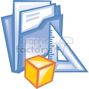 The clipart image depicts a stack of blue folders with documents, a clear ruler, and a yellow 3D cube. The items are commonly associated with office work or school supplies.