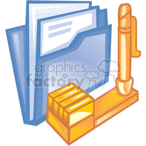 The clipart image depicts a stack of blue file folders with paper documents slightly visible within the front folder. In front of these folders sits a golden ink stamp with a wooden handle. The folders suggest organization and filing of paperwork, and the ink stamp indicates the process of approval or authentication of documents.
