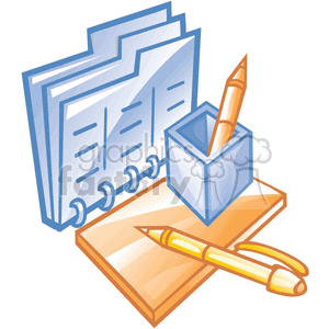 The clipart image features the following items typically found in a business or office setting:
1. A stack of blue documents or file folders with visible papers inside, indicating paperwork or reports.
2. A pen holder or pencil cup containing a pen.
3. A notebook or planner with a spiral binding on the side.
4. A pen lying on top of the notebook or planner.