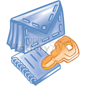 The clipart image features business-related items such as a blue envelope, a spiral-bound notebook, and a golden key.