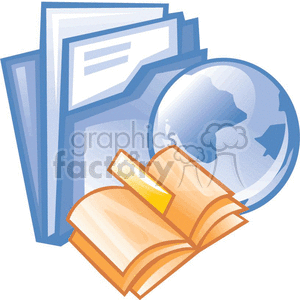 This clipart image features a stack of blue folders, which likely represent office files or documents. In front of the folders, there's an open book with yellow pages, signifying reading material or research. Alongside the book, there's a depiction of a glossy globe, indicating international business, global affairs, or worldwide communication.