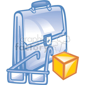 The clipart image shows a collection of typical business-related items. There is a briefcase, presumably for carrying documents or work supplies, and a pair of reading glasses, indicating the need for visual aid in work tasks. Additionally, there's a small, yellow cube which could represent a block for note-taking or a symbolic object relating to business concepts like logistics, organization, or structure.