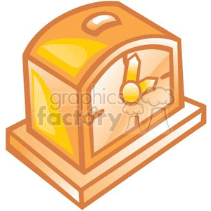 This is a clipart image of a classic mantel clock. The clock has a traditional design, with a gold and yellow color scheme, and is displayed on a base, indicating it's likely designed to sit on a shelf or mantelpiece. The hands on the face of the clock indicate it is showing a specific time. This type of clock is often associated with business or work environments as a symbol of time management or punctuality.