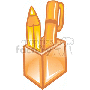 The clipart image depicts a holder with two pencils and a pen. The pencils appear to be yellow with a pointed lead tip, while the pen has a cap and is also yellow. The holder appears to be a simple cubical container, and the overall color scheme is shades of yellow and orange.